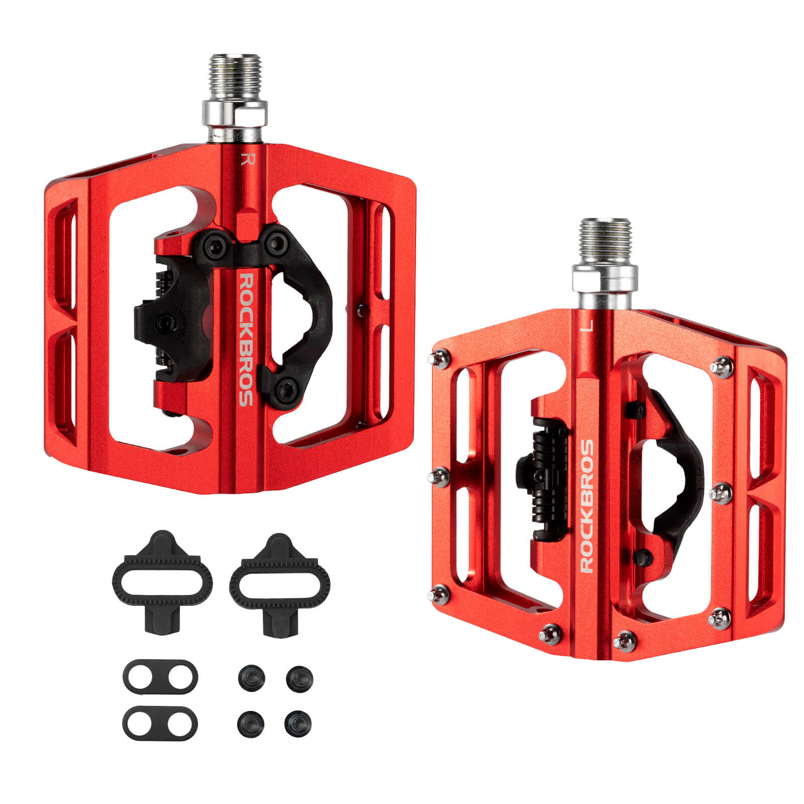 ROCKBROS Dual-Use Clipless & Flat Bike Pedals showing clipless and flat sides for mountain biking
#Color_Red