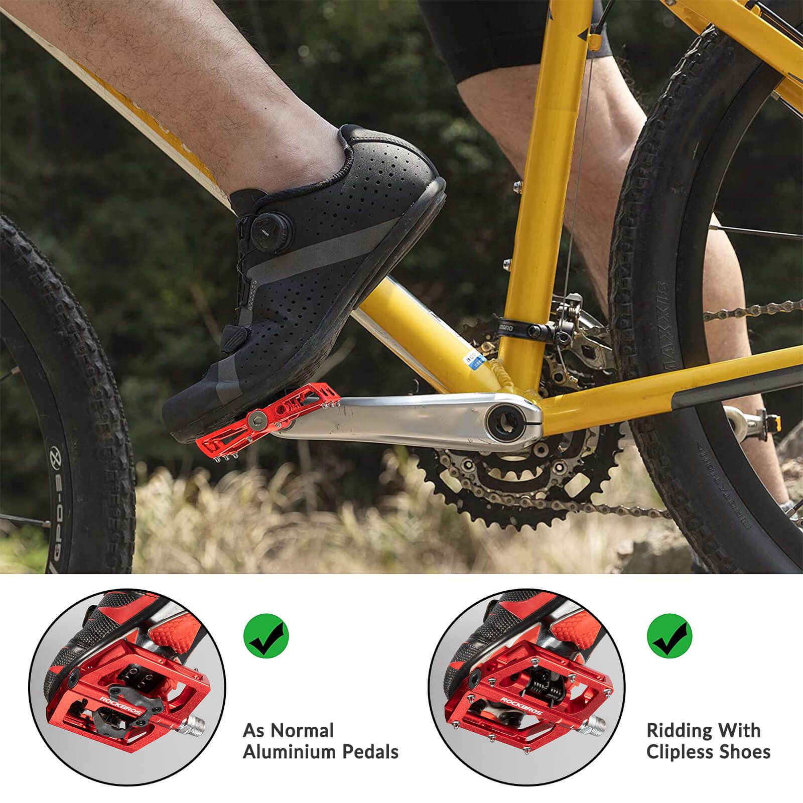 ROCKBROS Dual-Use Clipless & Flat Bike Pedals showing clipless and flat sides for mountain biking
#Color_Red