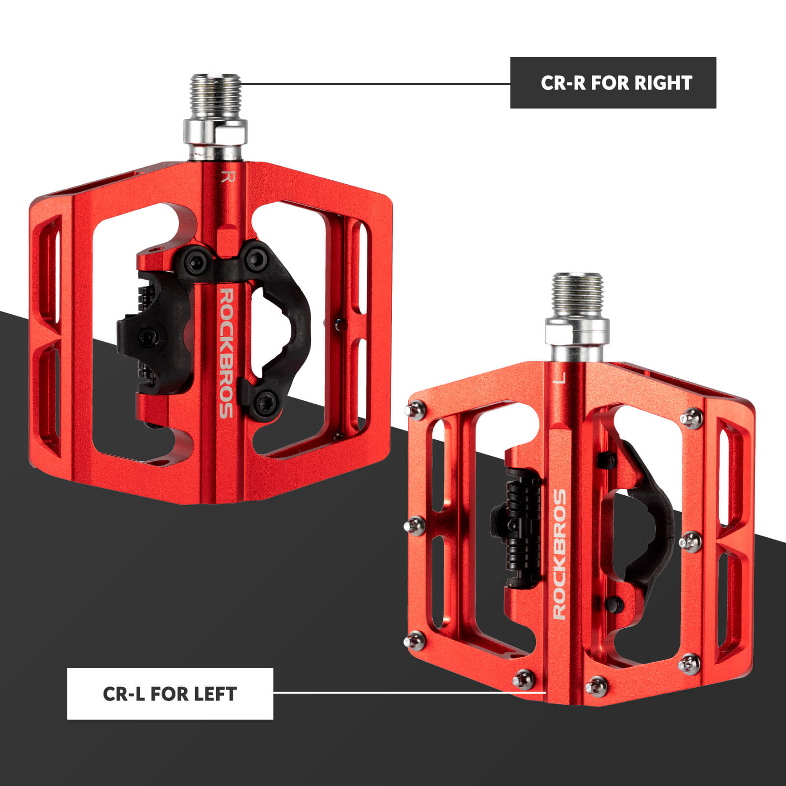 ROCKBROS Dual-Use Clipless & Flat Bike Pedals showing clipless and flat sides for mountain biking
#Color_Red