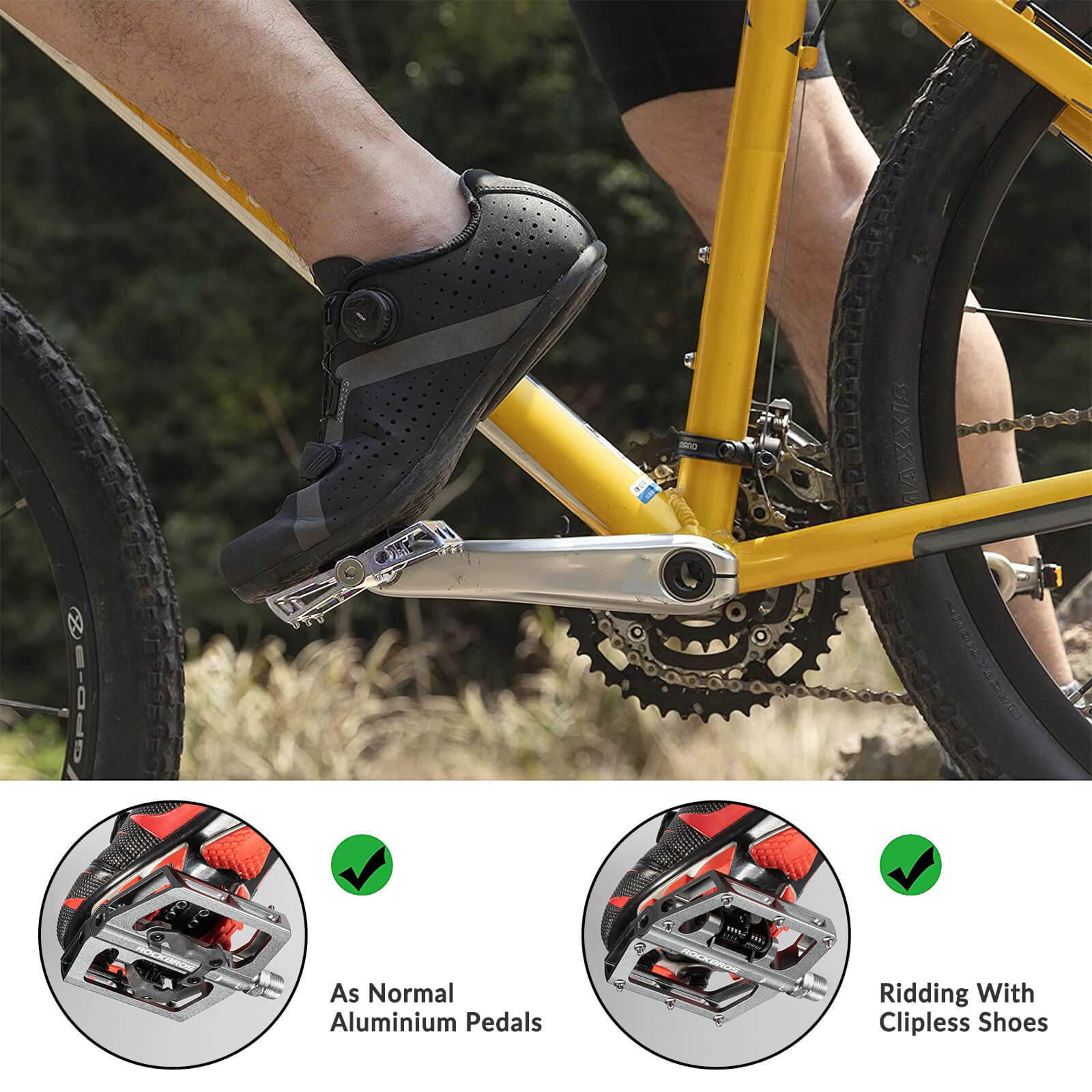 ROCKBROS Dual-Use Clipless & Flat Bike Pedals showing clipless and flat sides for mountain biking
#Color_Titanium