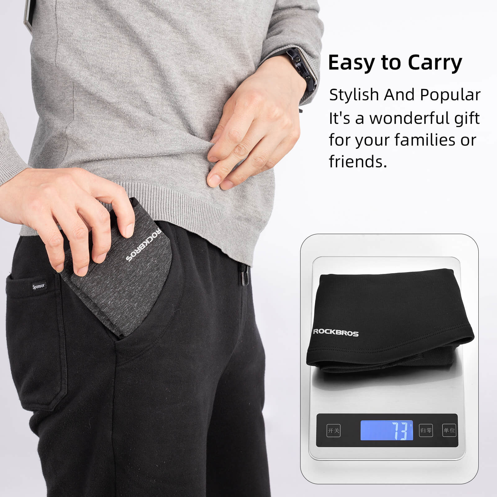 ROCKBROS fleece balaclava long neck design. Soft, stretchable, and portable for easy carry in winter rides.