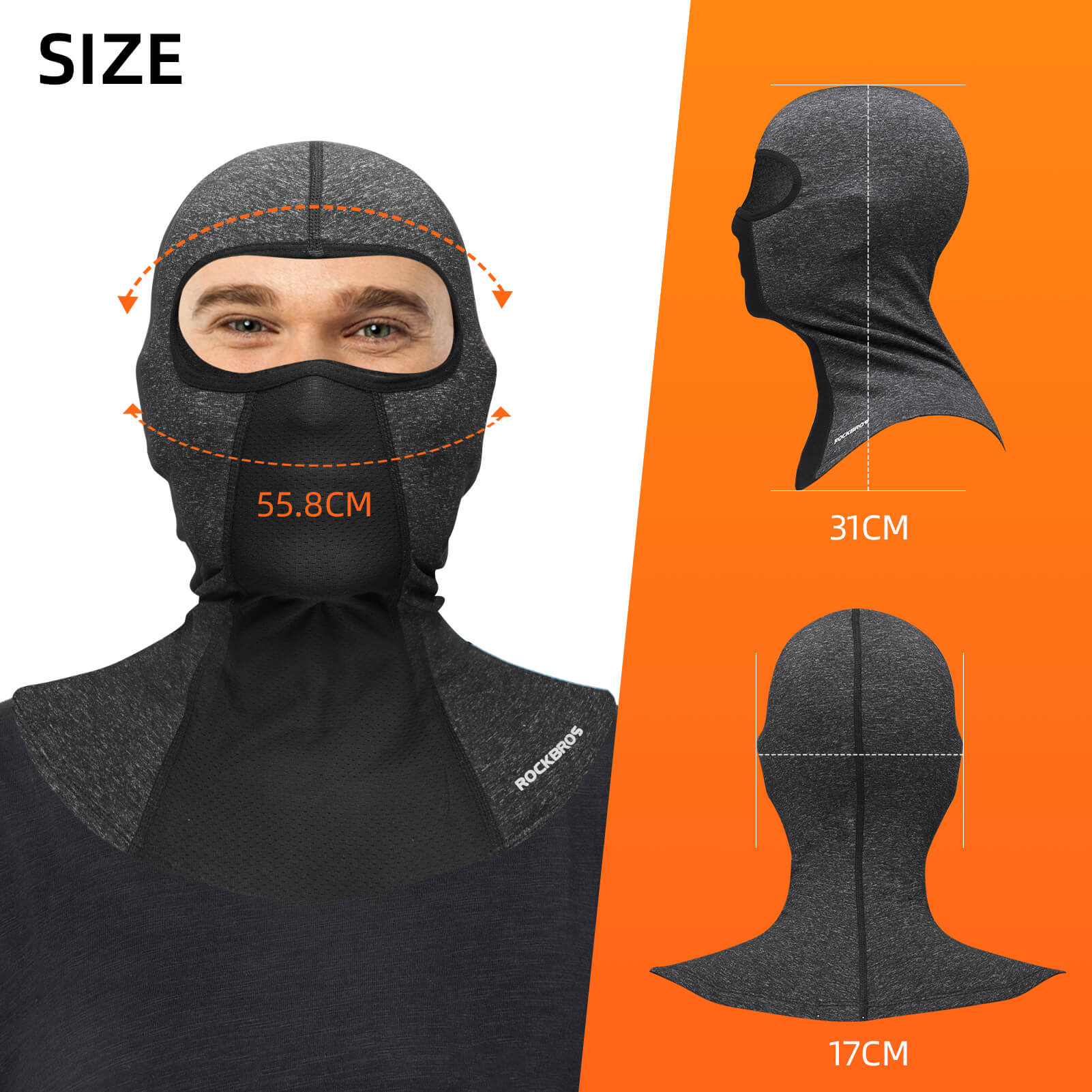 ROCKBROS fleece balaclava shown from multiple angles highlighting 360-degree face and neck protection
#Color_Gray