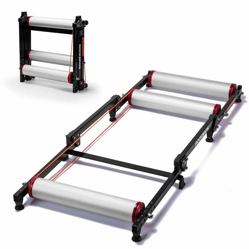 ROCKBROS foldable aluminum roller bike trainer showing both expanded and folded states for compact indoor cycling storage.
#Color_Black