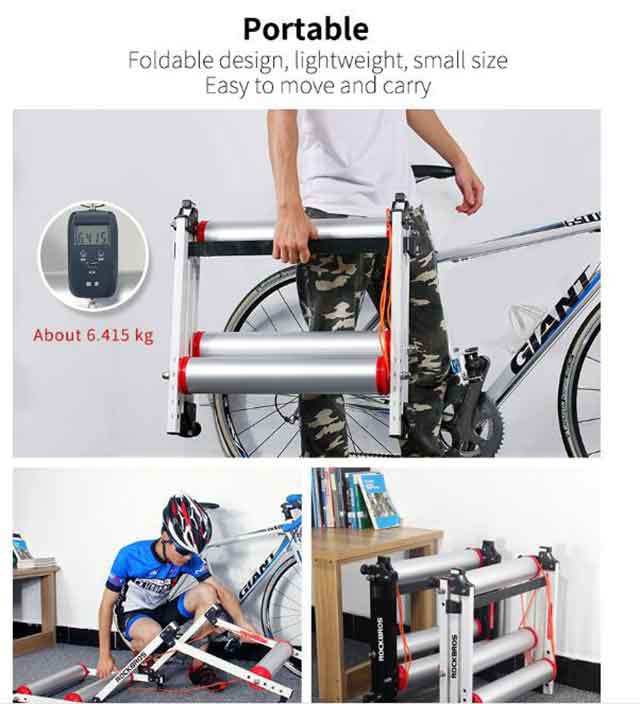 ROCKBROS foldable aluminum roller bike trainer showing both expanded and folded states for compact indoor cycling storage.