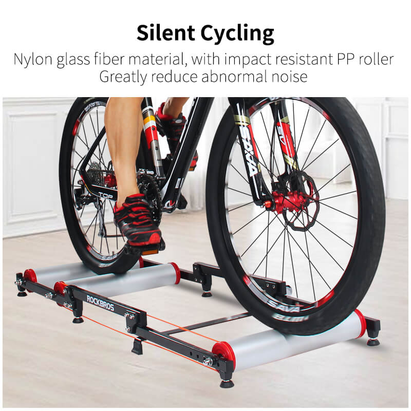 ROCKBROS foldable aluminum roller bike trainer showing both expanded and folded states for compact indoor cycling storage.