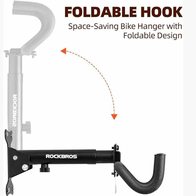 ROCKBROS foldable bike wall rack folded flat against the wall to save storage space