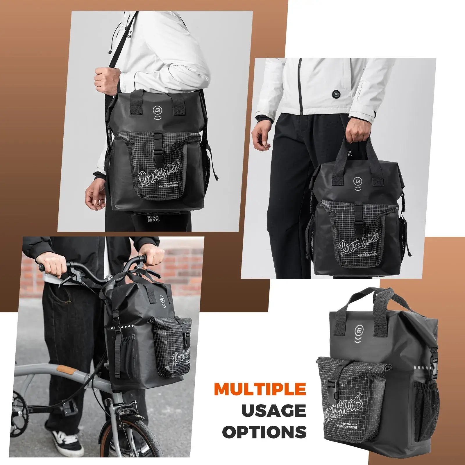 ROCKBROS folding bike handlebar bag 18L roll-top waterproof front bag for commuting