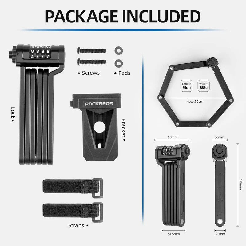 ROCKBROS folding bike lock with 4-digit password, compact and anti-theft design for mountain and road bikes