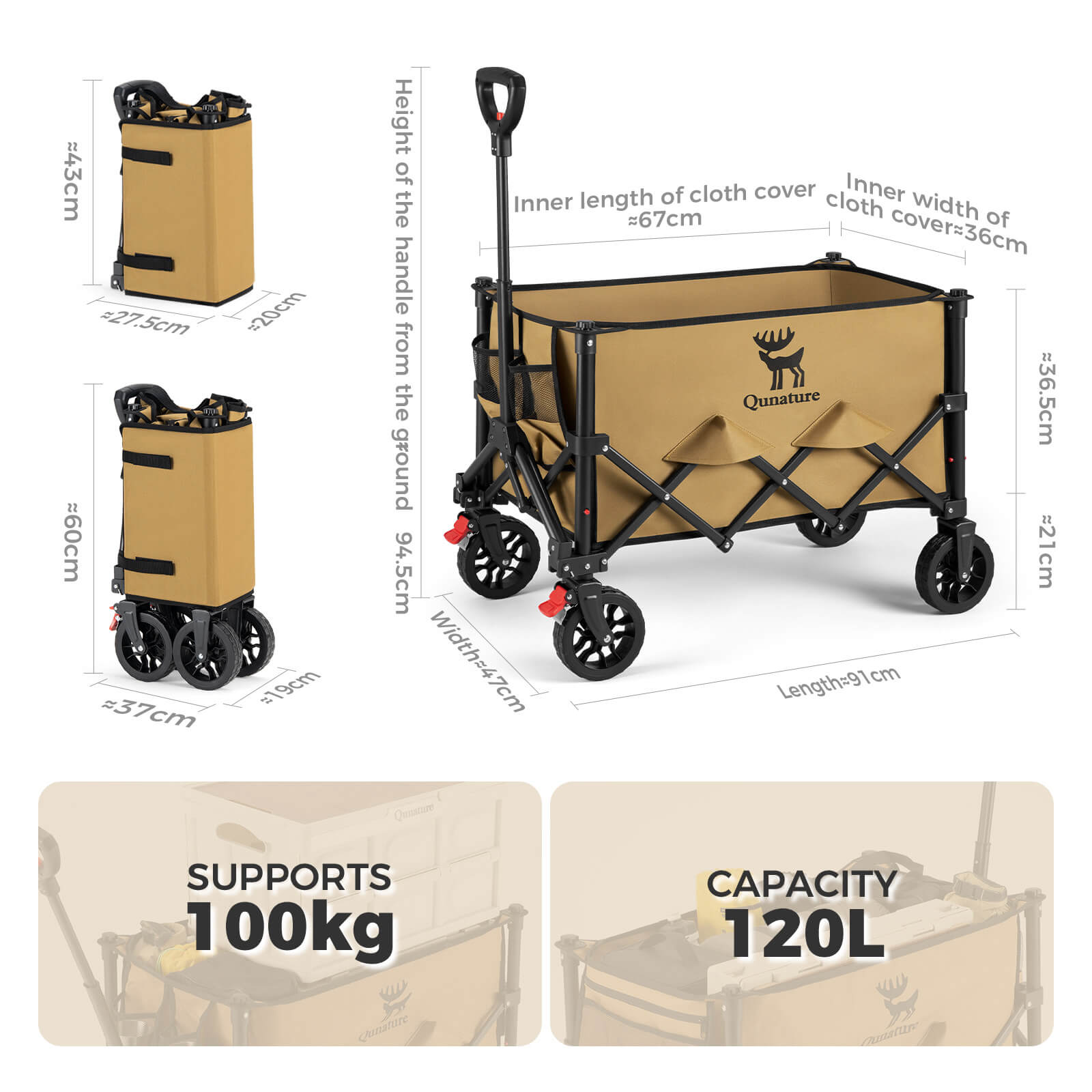 Qunature folding camping wagon 120L heavy duty all terrain wagon cart for outdoor and beach use