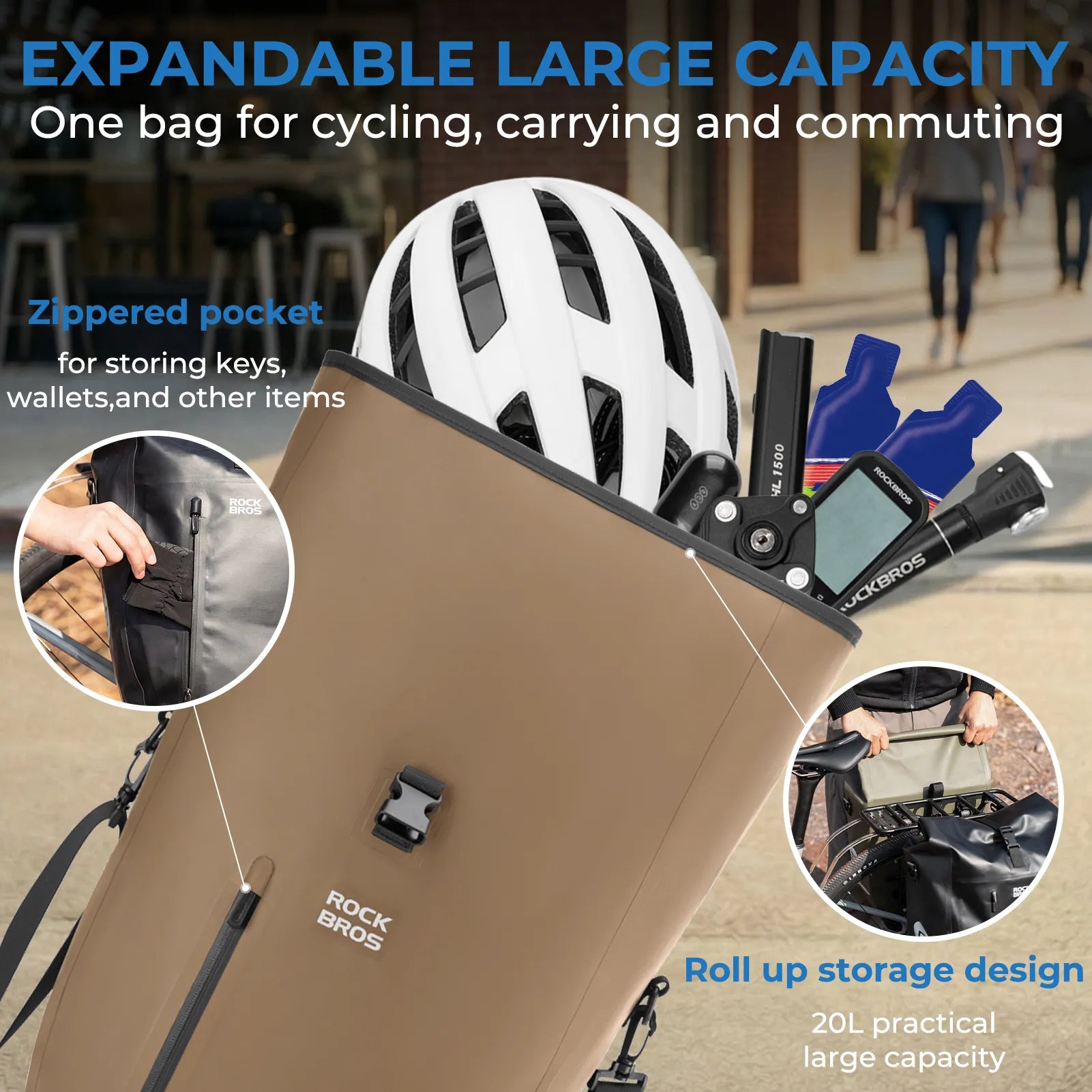 ROCKBROS black waterproof bike pannier 20L roll top rear rack bag
#Color_Full-Reflective