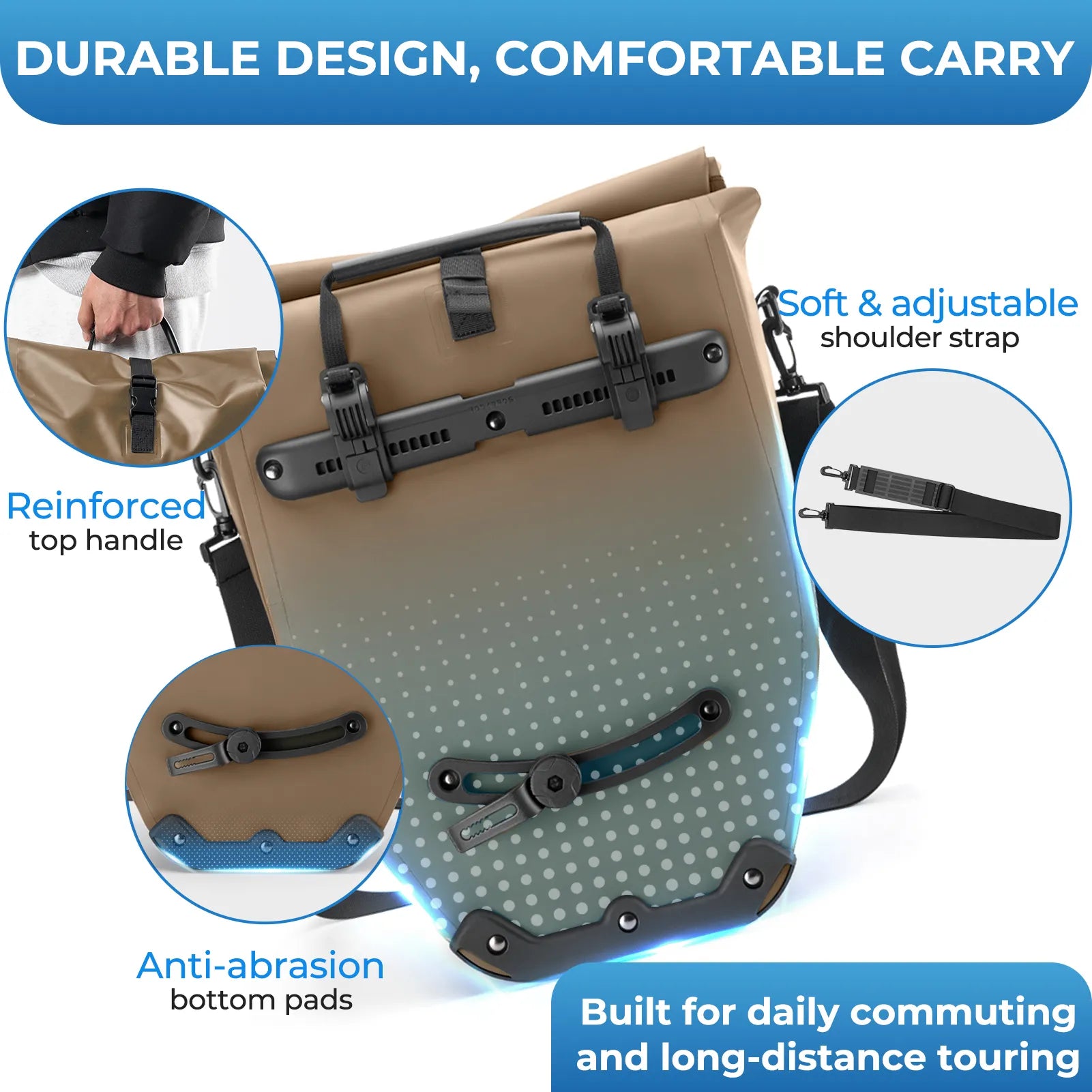 ROCKBROS black waterproof bike pannier 20L roll top rear rack bag
#Color_Full-Reflective