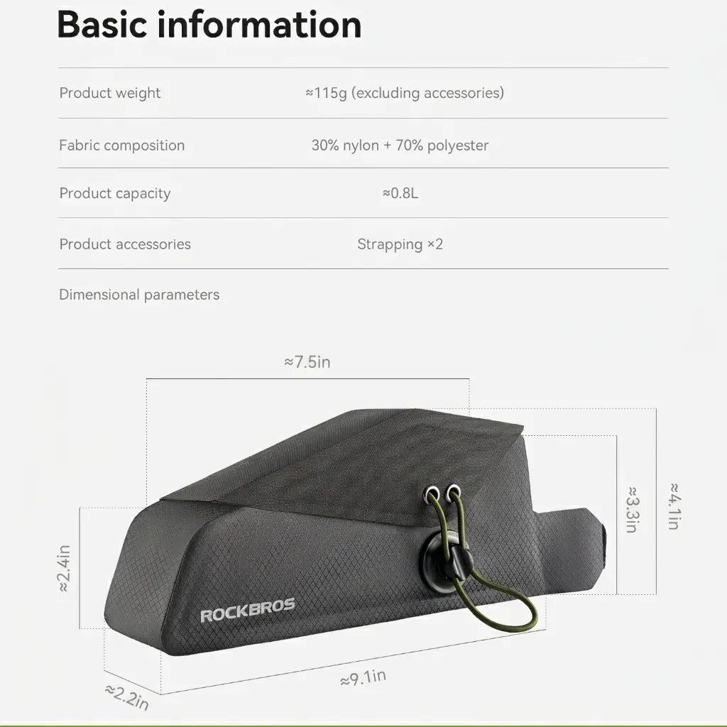 ROCKBROS fully waterproof magnetic bike top tube bag with slim 0.8L design