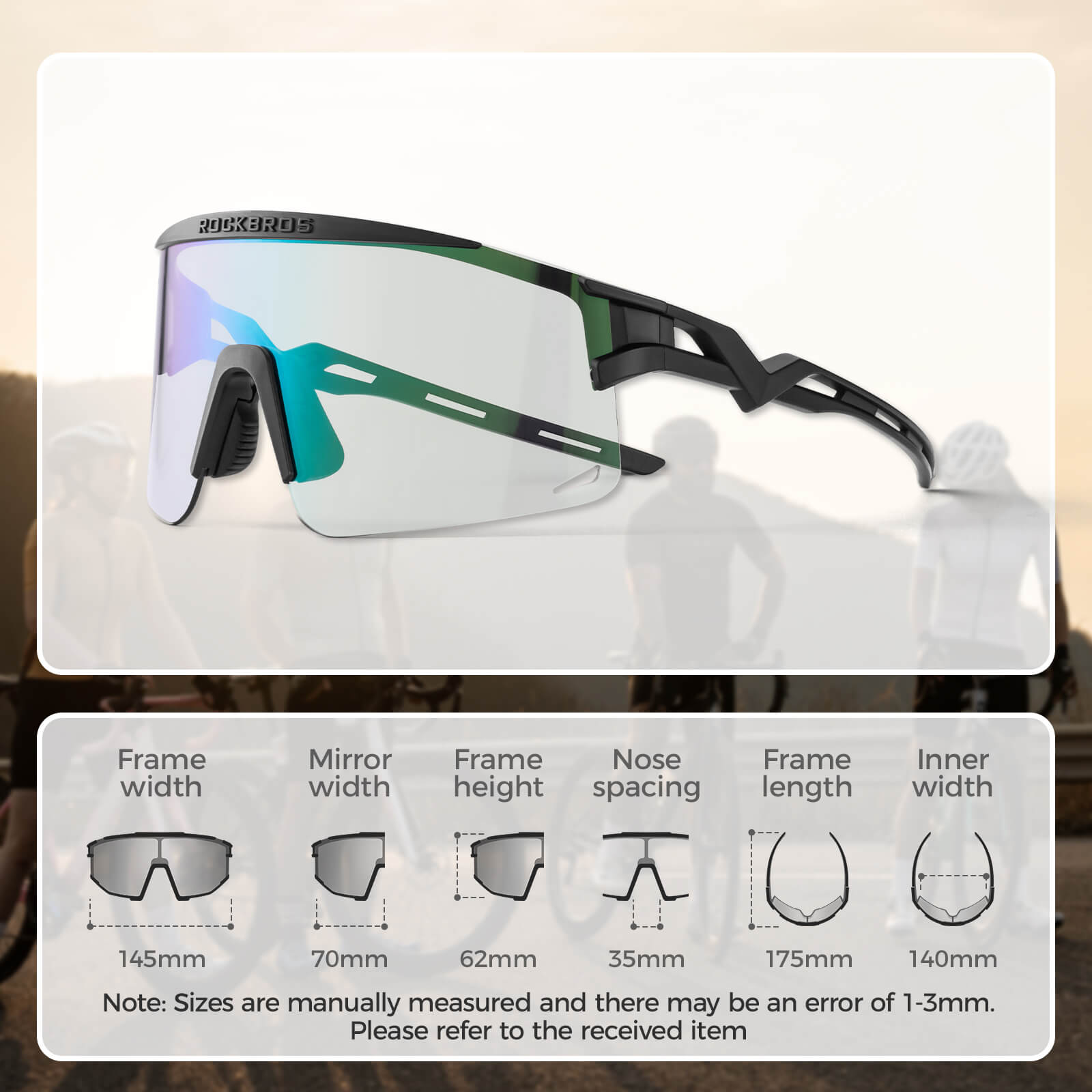 ROCKBROS half-frame photochromic cycling glasses with lightweight design, UV protection, anti-glare lenses
#Color_Black