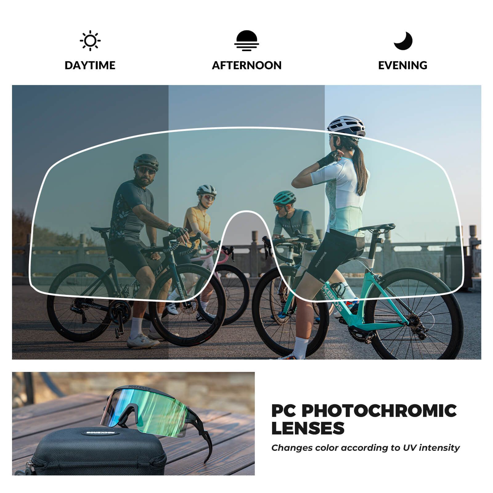 ROCKBROS half-frame photochromic cycling glasses with lightweight design, UV protection, anti-glare lenses
#Color_Black