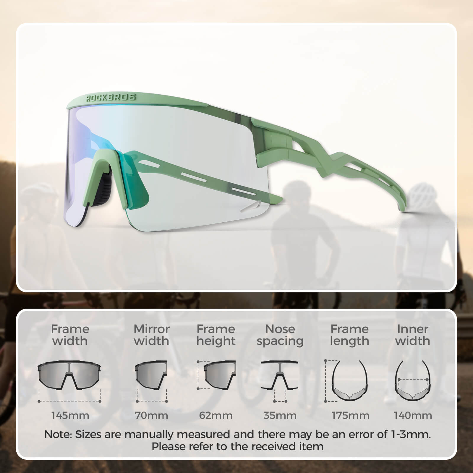 ROCKBROS half-frame photochromic cycling glasses with lightweight design, UV protection, anti-glare lenses
#Color_Green