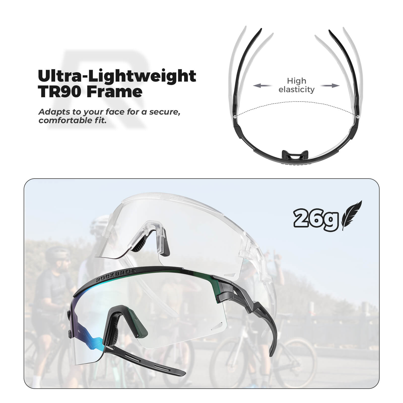 ROCKBROS half-frame photochromic cycling glasses with lightweight design, UV protection, anti-glare lenses