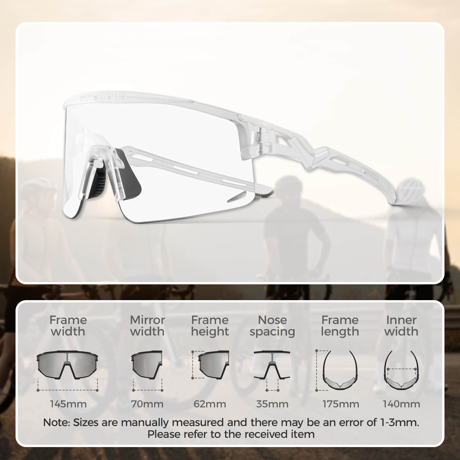 ROCKBROS half-frame photochromic cycling glasses with lightweight design, UV protection, anti-glare lenses
#Color_White(Anti-fog)