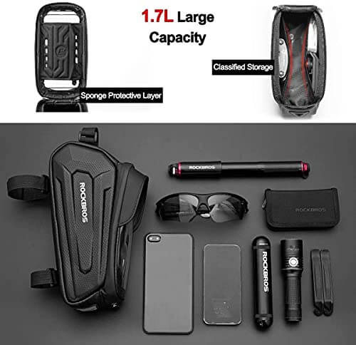 ROCKBROS hard shell bike top tube phone bag made of waterproof EVA material, fits securely on bicycle frame.