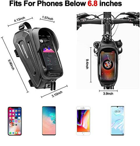 ROCKBROS hard shell bike top tube phone bag made of waterproof EVA material, fits securely on bicycle frame.
