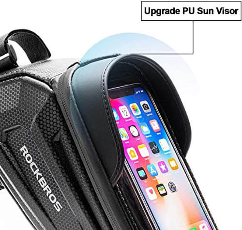 ROCKBROS hard shell bike top tube phone bag made of waterproof EVA material, fits securely on bicycle frame.