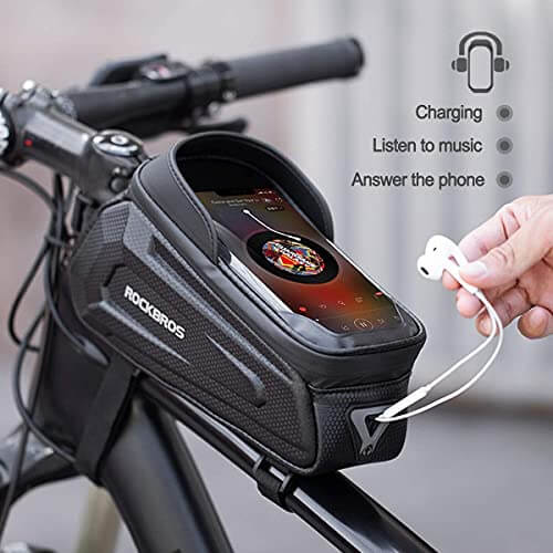 ROCKBROS hard shell bike top tube phone bag made of waterproof EVA material, fits securely on bicycle frame.