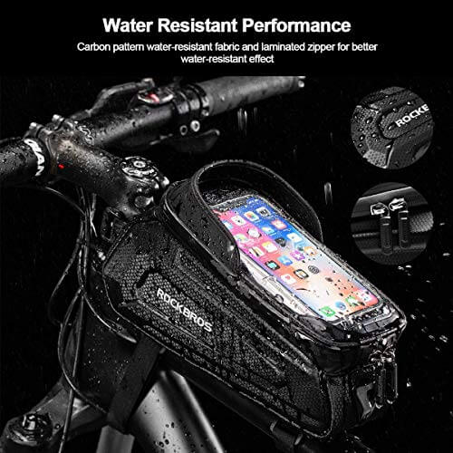 ROCKBROS hard shell bike top tube phone bag made of waterproof EVA material, fits securely on bicycle frame.