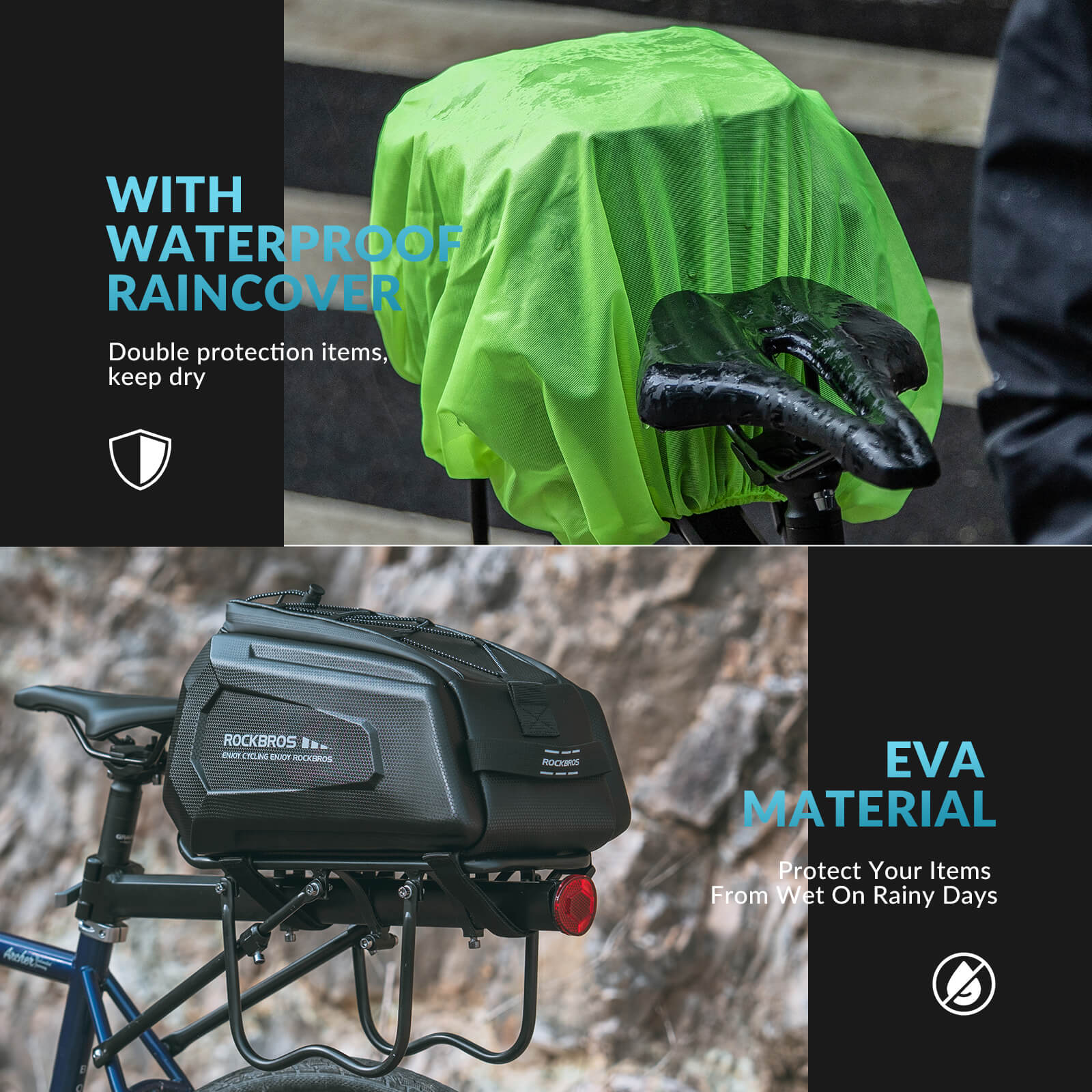 ROCKBROS hard shell bike trunk bag 9L mounted on rear rack for commuting and touring.