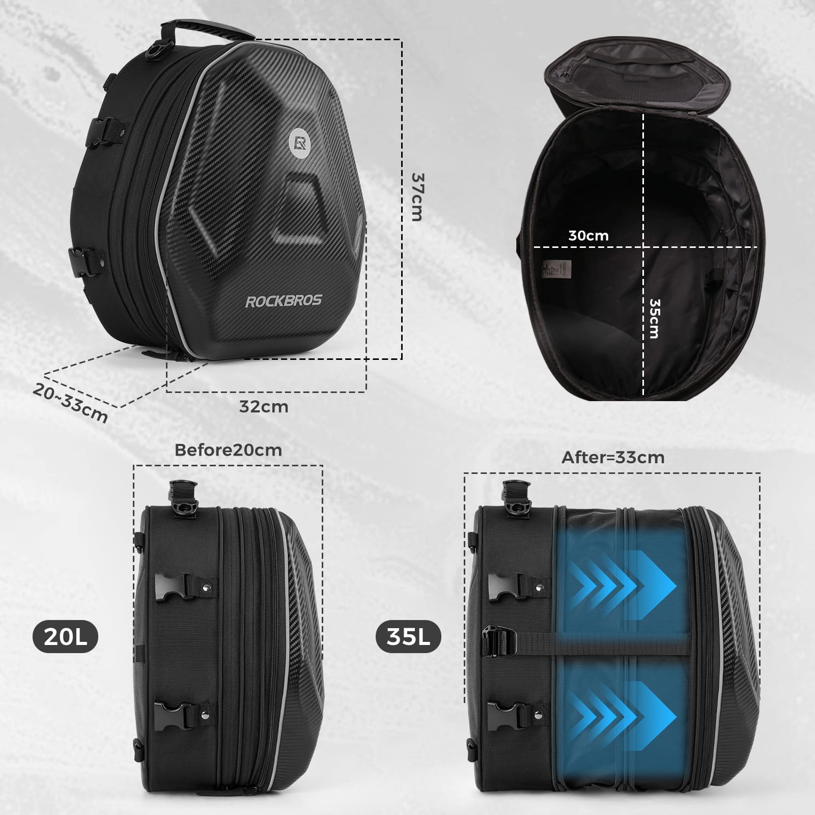 ROCKBROS Expandable Hard Shell Motorcycle Rear Seat Bag for Helmet Storage