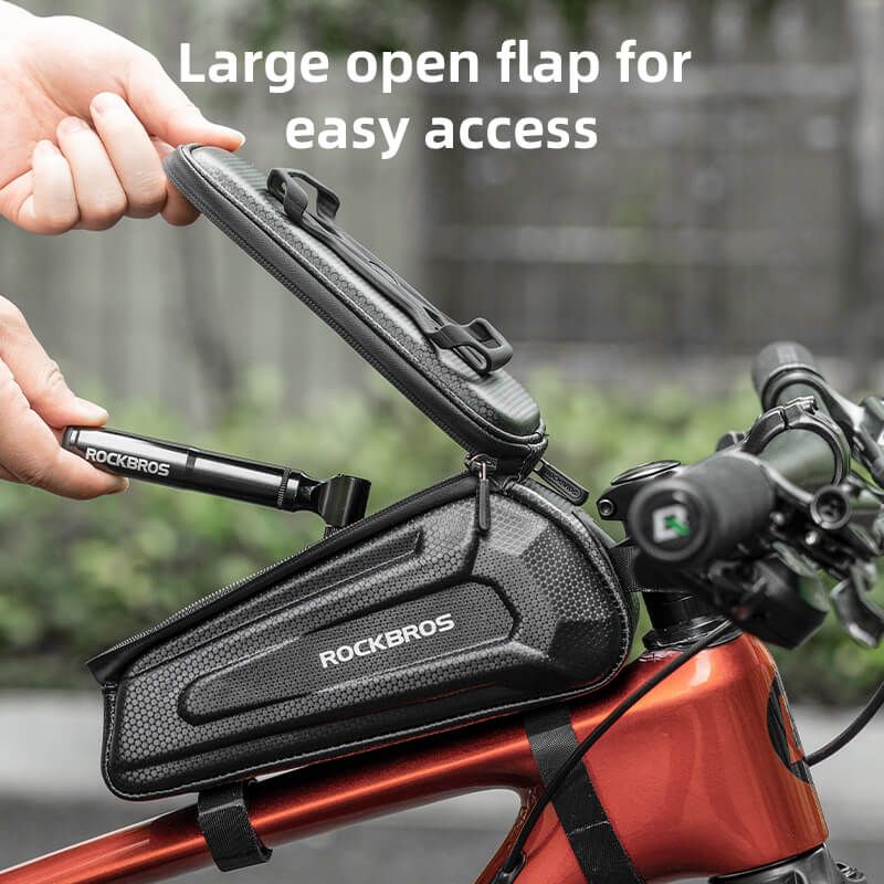 ROCKBROS hard-shell top tube bike phone bag with 360° rotatable phone mount for secure, water-resistant storage