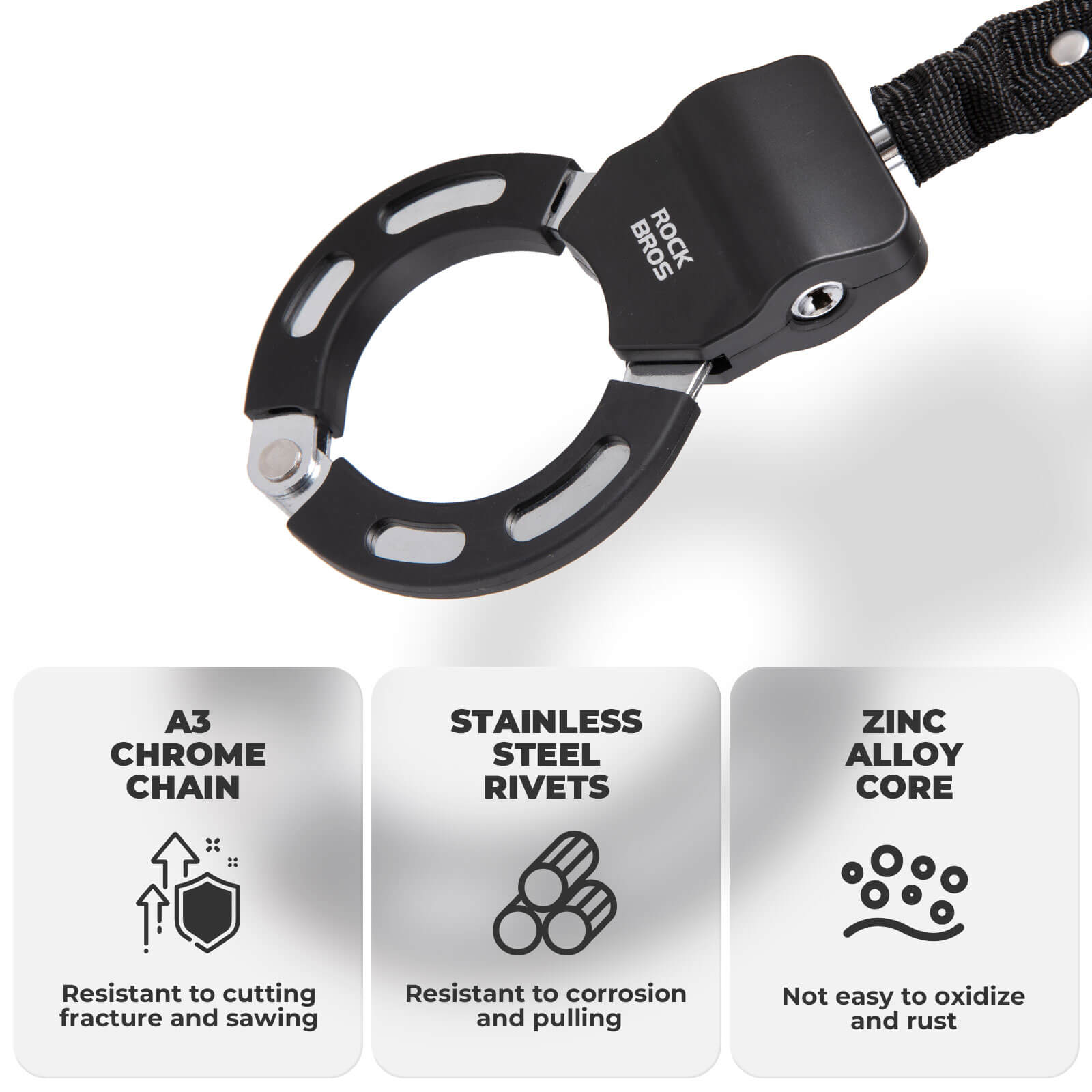 ROCKBROS heavy-duty chain lock made of hardened steel for electric scooters and bicycles, featuring a cut-resistant nylon sleeve.