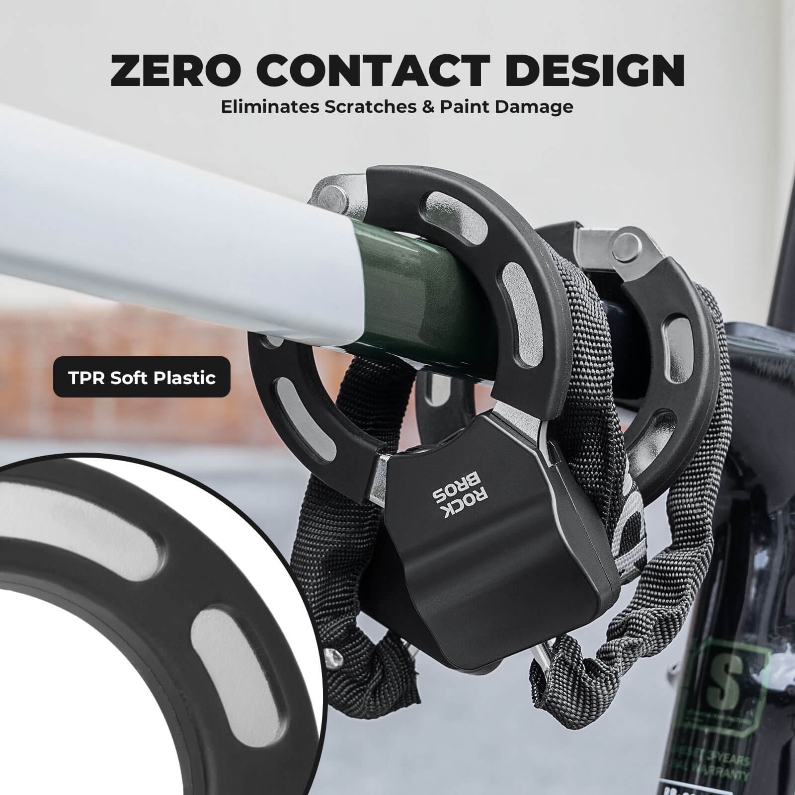 ROCKBROS heavy-duty chain lock made of hardened steel for electric scooters and bicycles, featuring a cut-resistant nylon sleeve.