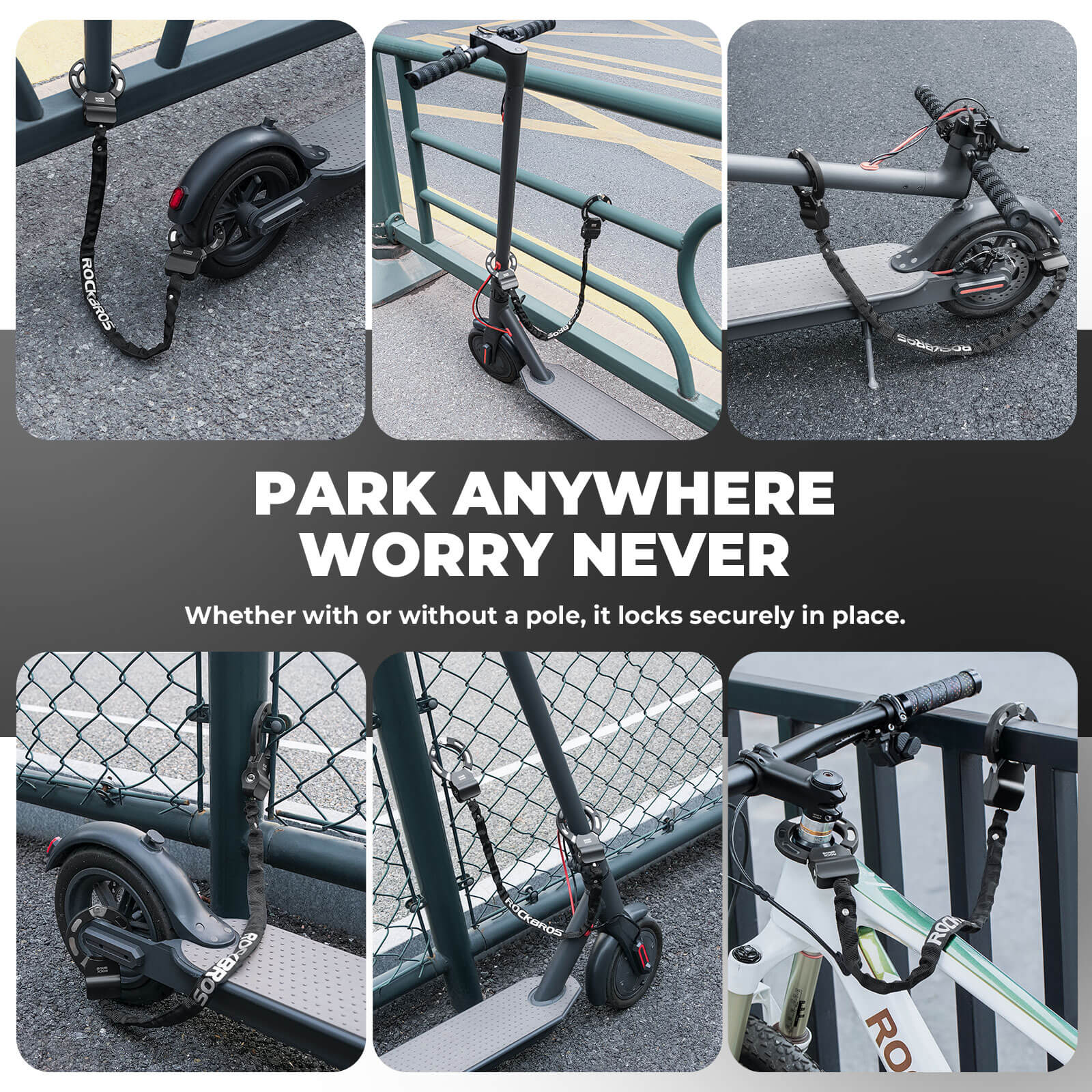 ROCKBROS heavy-duty chain lock made of hardened steel for electric scooters and bicycles, featuring a cut-resistant nylon sleeve.