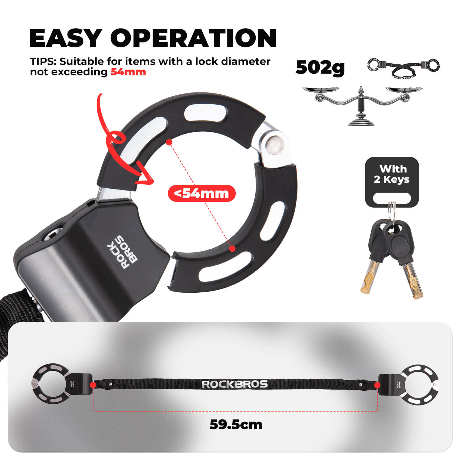 ROCKBROS heavy-duty chain lock made of hardened steel for electric scooters and bicycles, featuring a cut-resistant nylon sleeve.