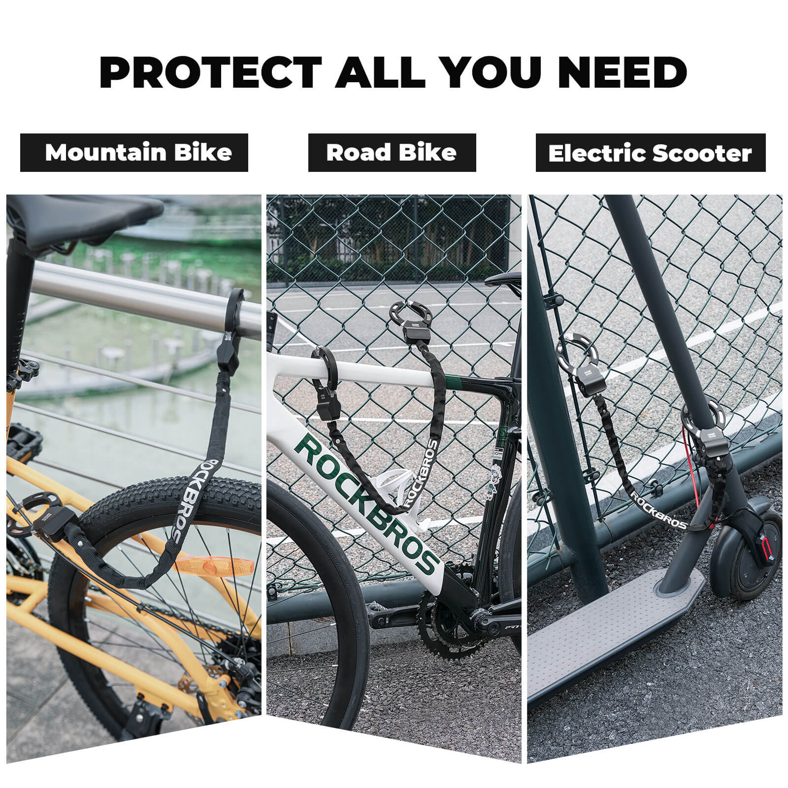 ROCKBROS heavy-duty chain lock made of hardened steel for electric scooters and bicycles, featuring a cut-resistant nylon sleeve.