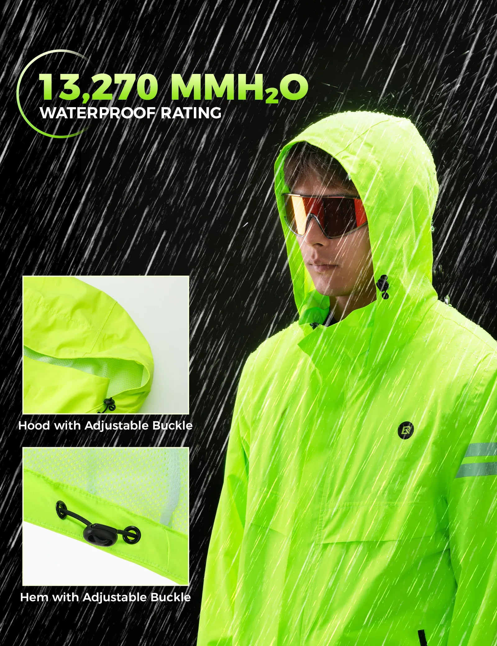 ROCKBROS hi-vis fluorescent green cycling rain jacket with waterproof and reflective design for wet weather riding