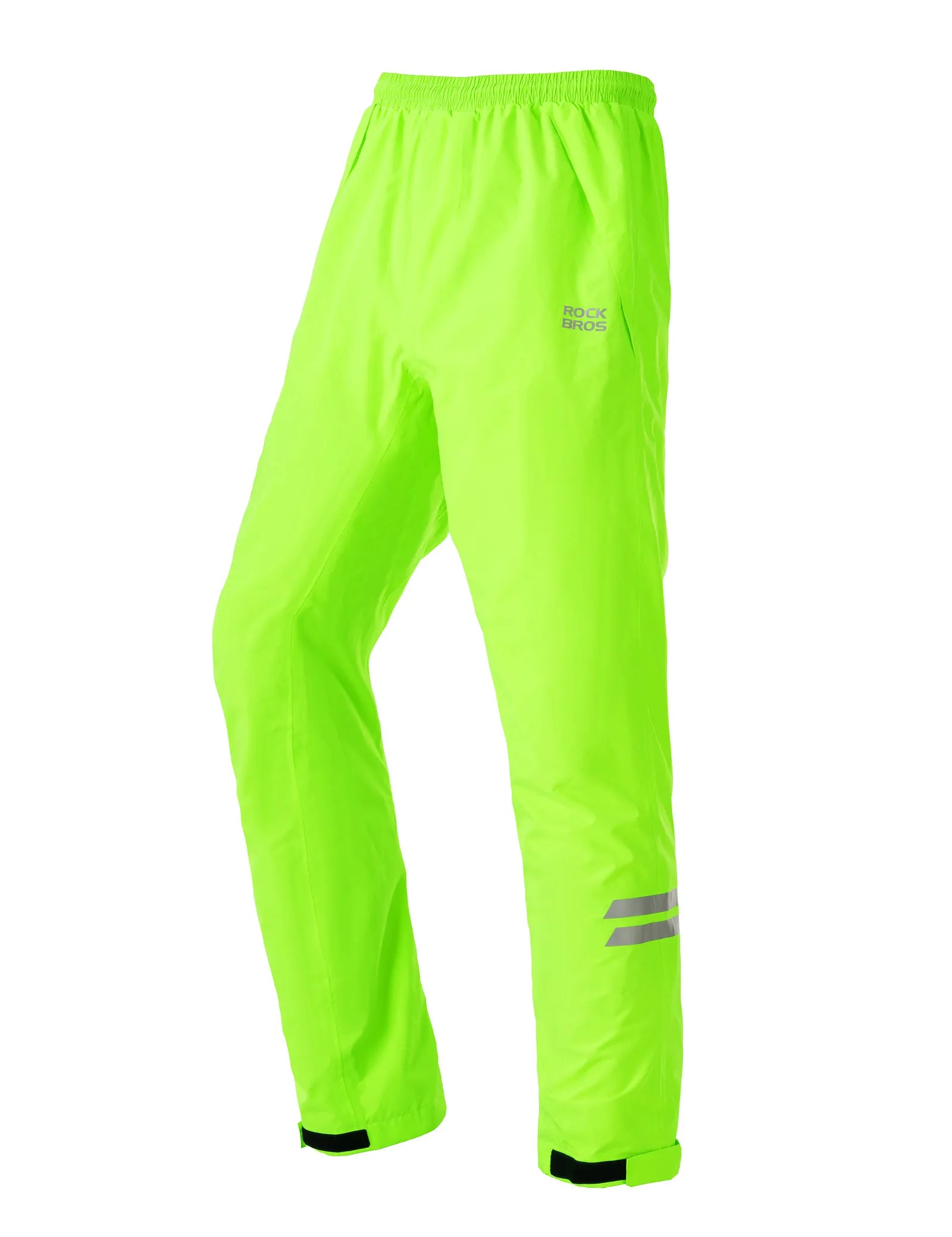 ROCKBROS hi-vis fluorescent green cycling rain pants with waterproof and reflective design for wet weather riding