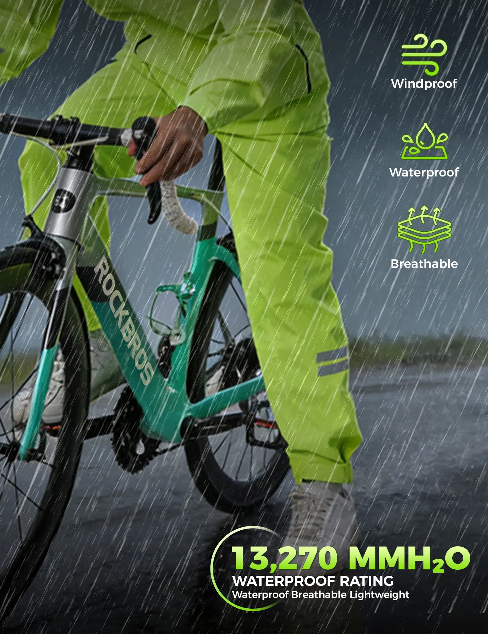 ROCKBROS hi-vis fluorescent green cycling rain pants with waterproof and reflective design for wet weather riding