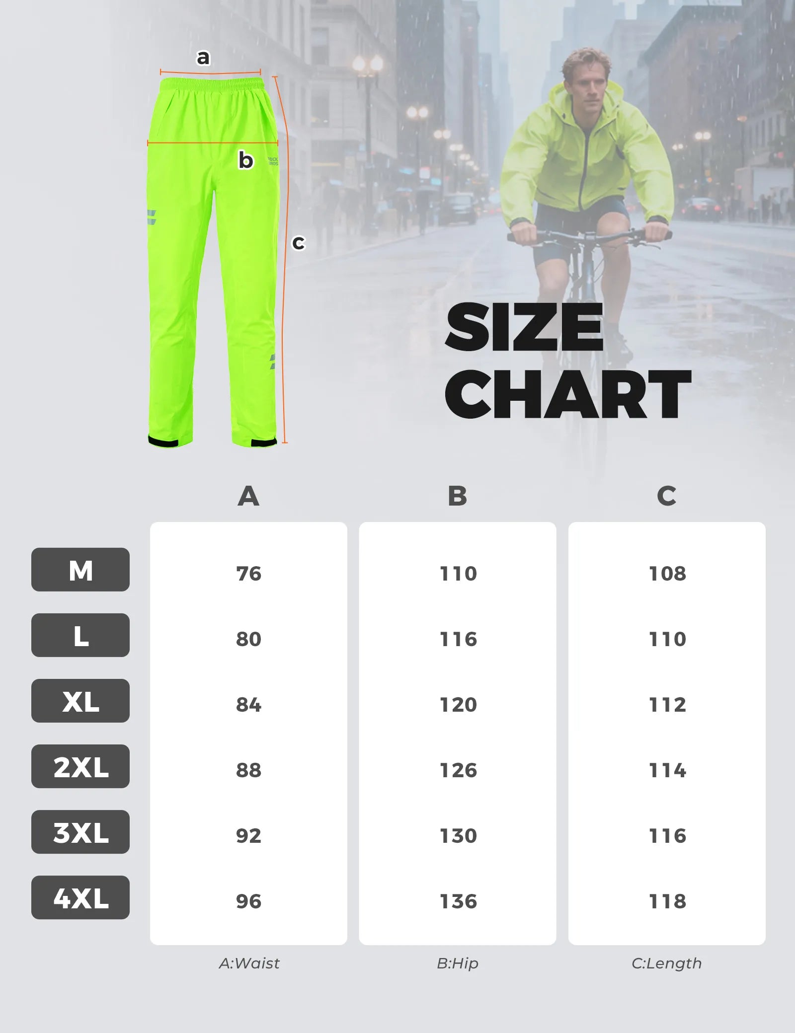 ROCKBROS hi-vis fluorescent green cycling rain pants with waterproof and reflective design for wet weather riding