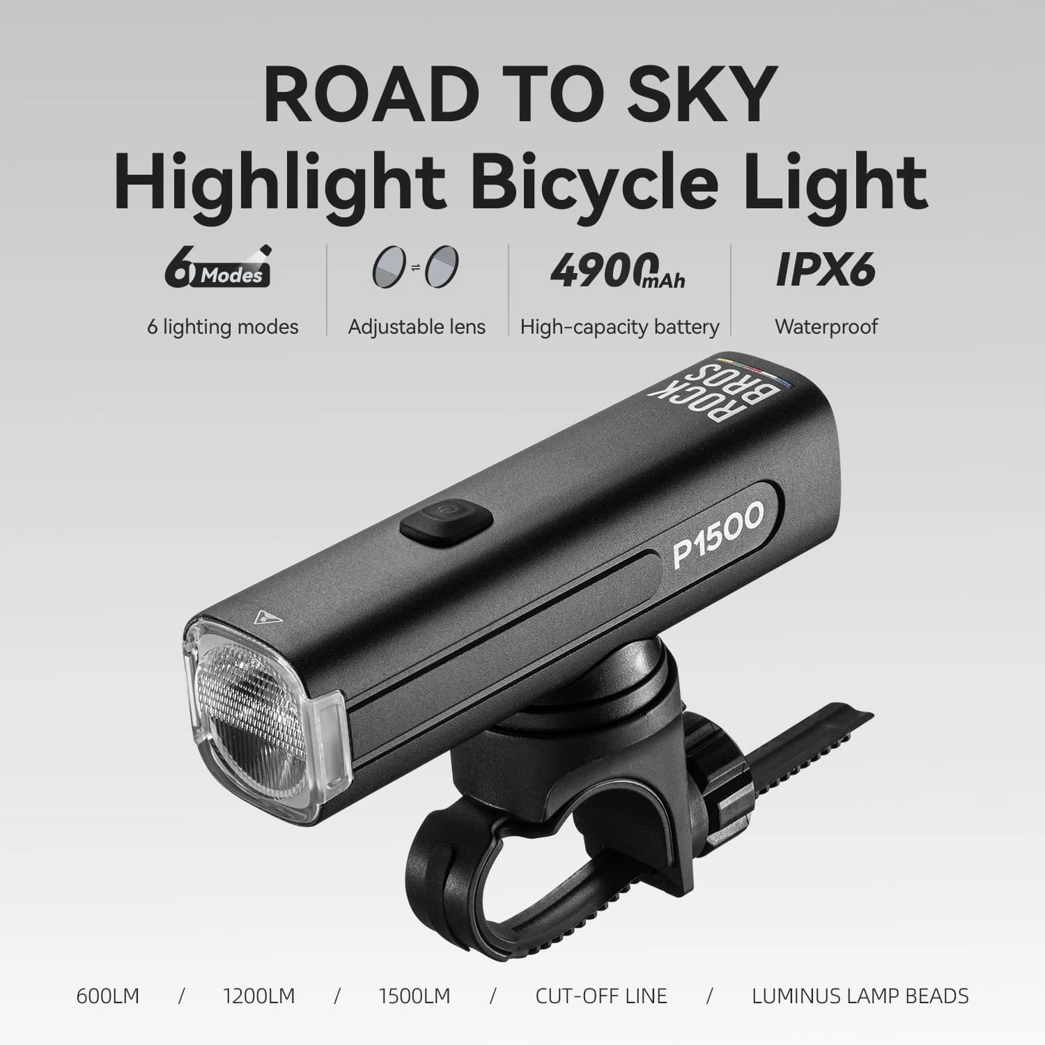 ROCKBROS high-brightness bike front light, 600–1500 lumens, USB-C rechargeable, anti-glare, waterproof aluminum body