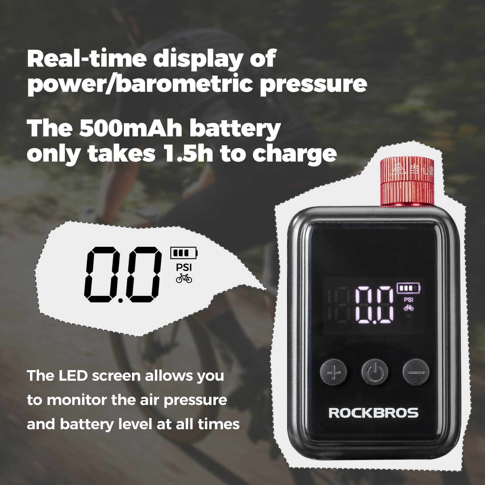 ROCKBROS HW140 mini electric bike pump with digital PSI display