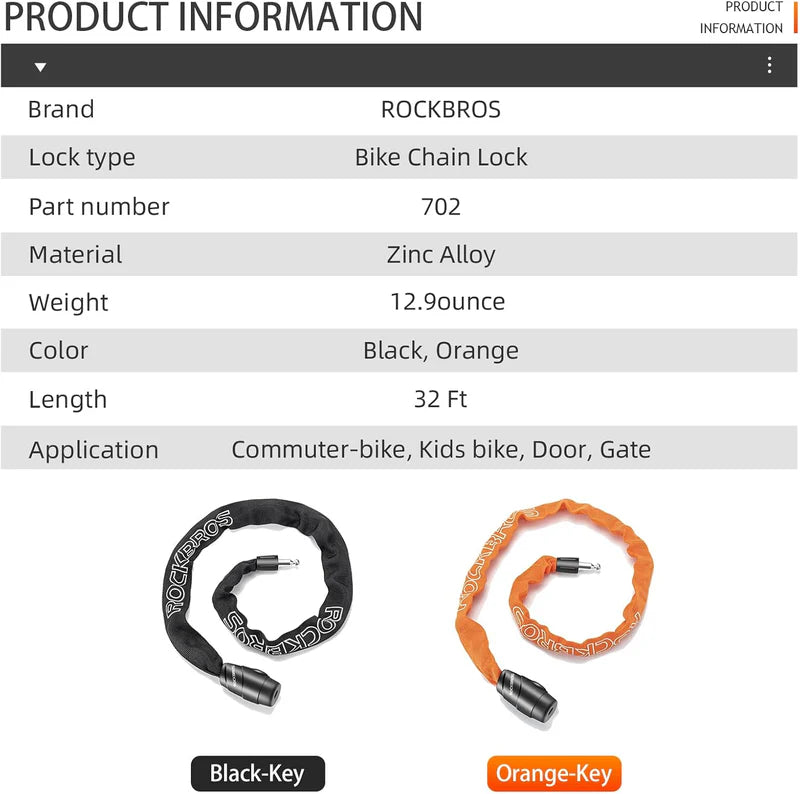 ROCKBROS heavy-duty keyed bike chain lock for anti-theft bicycle security and outdoor parking