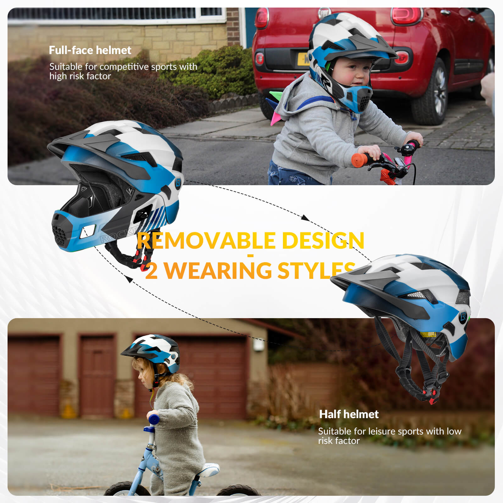 ROCKBROS convertible kids bike helmet switching between full-face and half-shell modes|
#Color_Blue
