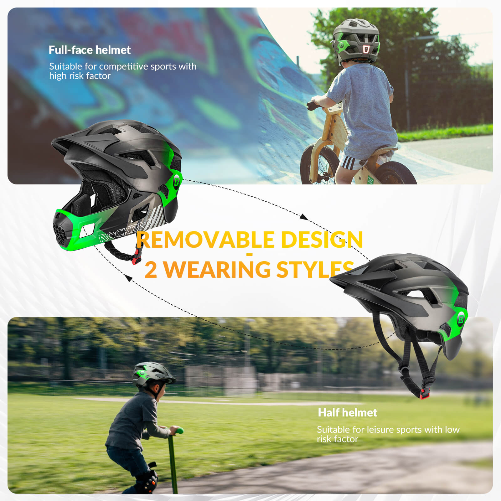ROCKBROS convertible kids bike helmet switching between full-face and half-shell modes
#Color_Green