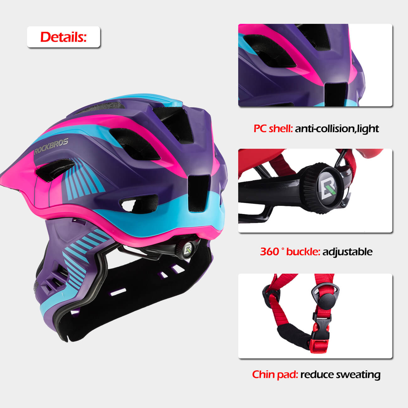ROCKBROS Kids Bike Helmet – Full Face Safety Protection for Toddlers, Perfect for Cycling Gear
#color_Pink Purple