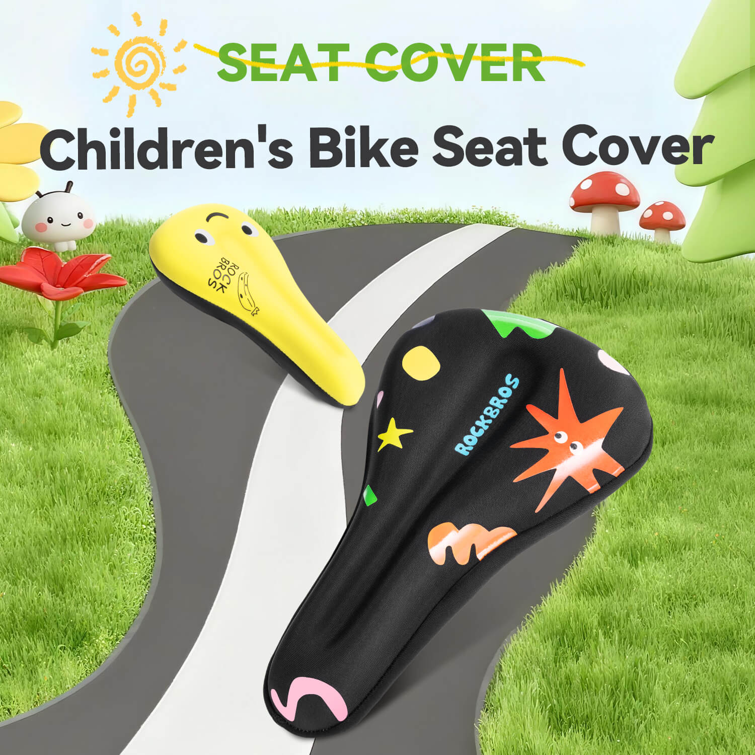 Children's bike seat cover with cartoon design on a colorful background