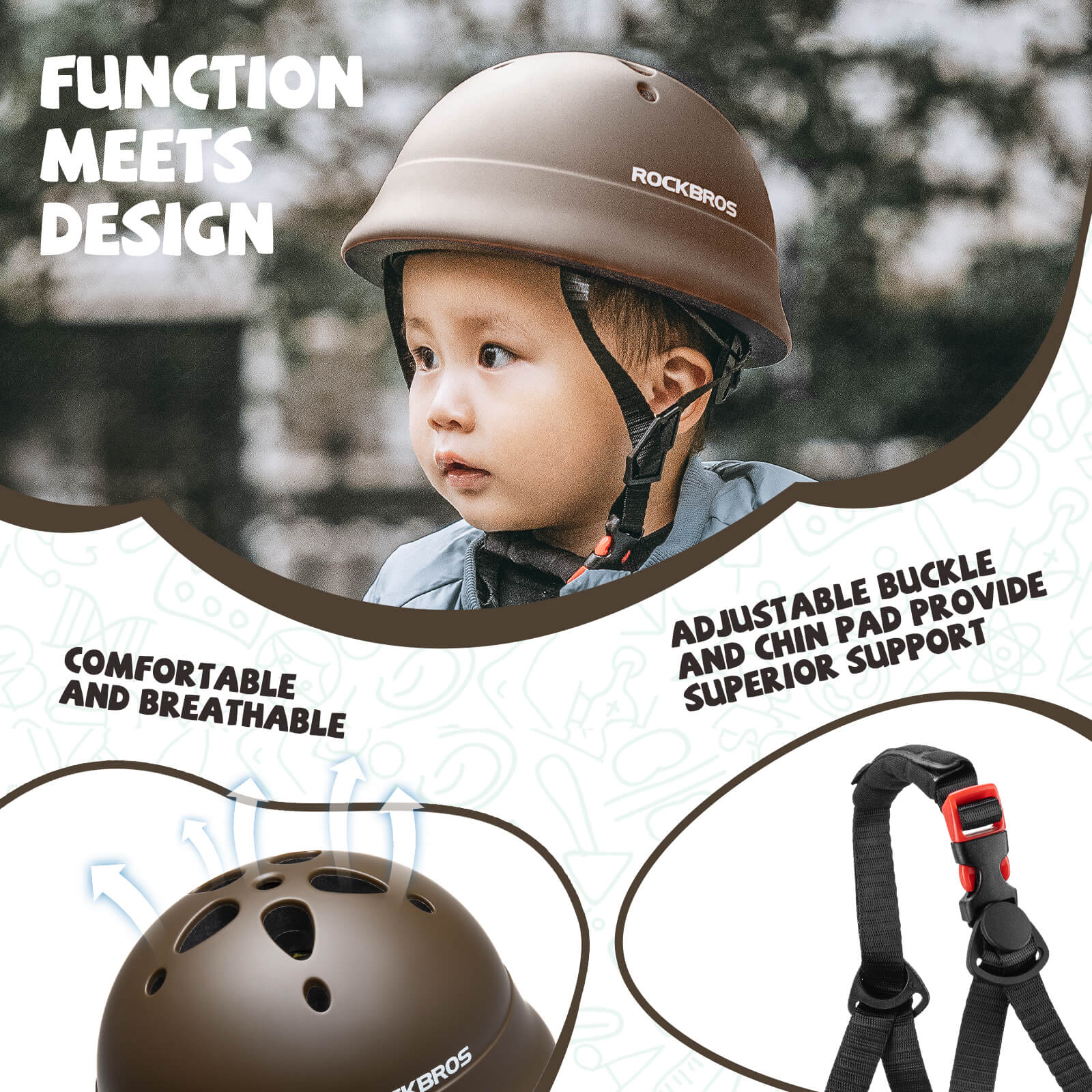 ROCKBROS kids lightweight bike helmet for ages 2-5 with adjustable fit, breathable ventilation
#Color_Brown