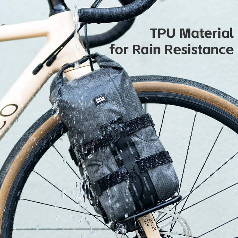 ROCKBROS 2.7L fork rack bag installed on mountain bike for off-road rides