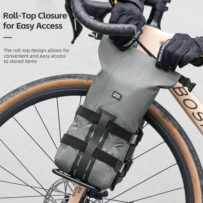 ROCKBROS 2.7L fork rack bag installed on mountain bike for off-road rides