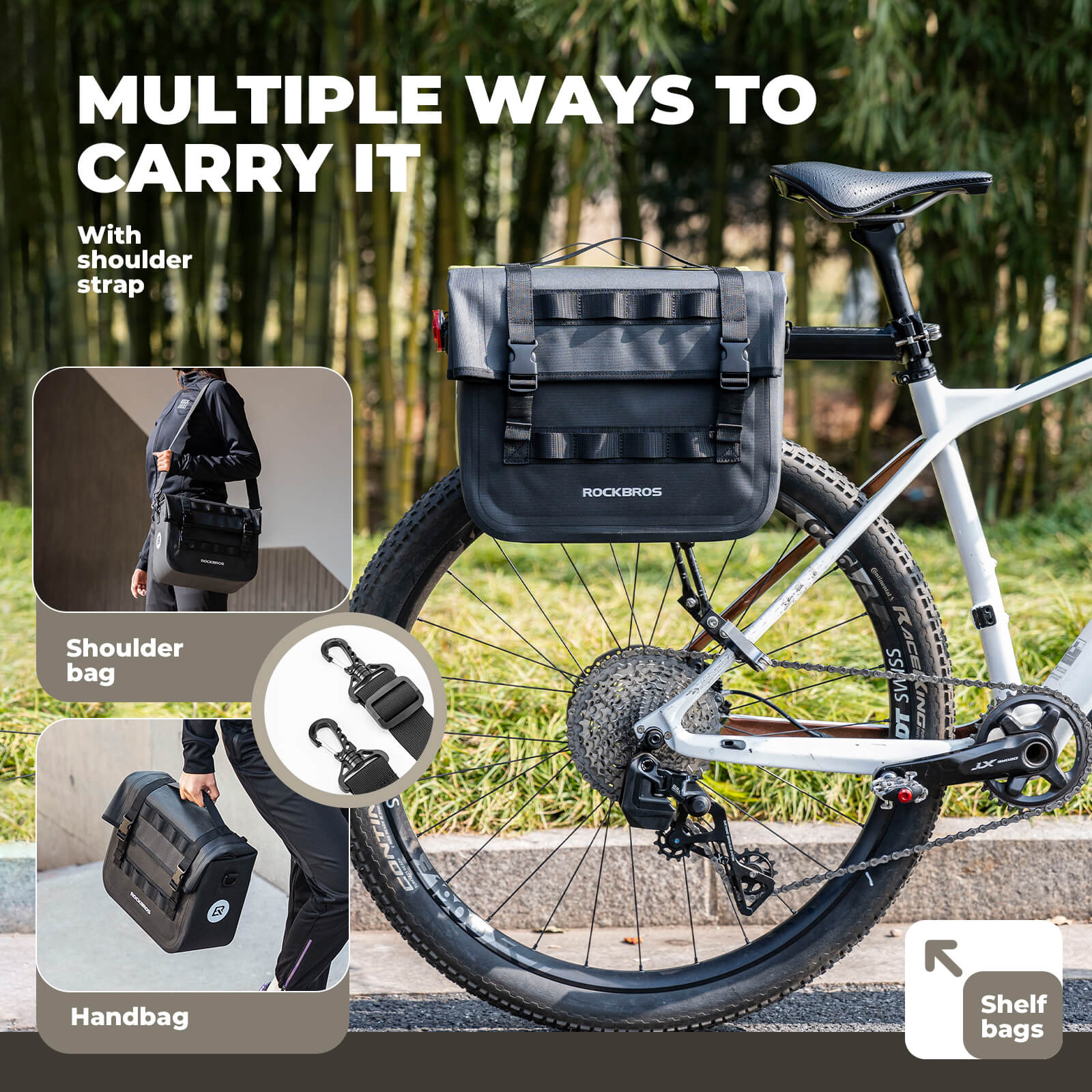 ROCKBROS large capacity bike pannier rear rack bag, waterproof design with reflective strips for safe night cycling.