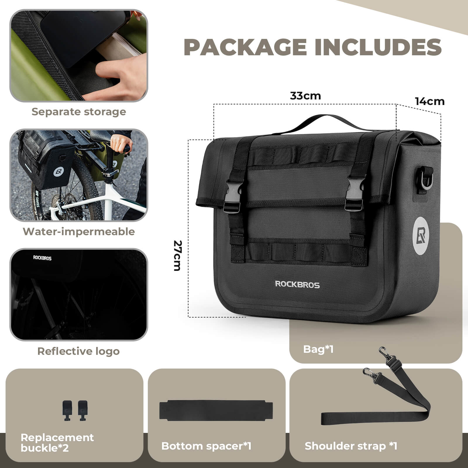 ROCKBROS large capacity bike pannier rear rack bag, waterproof design with reflective strips for safe night cycling.